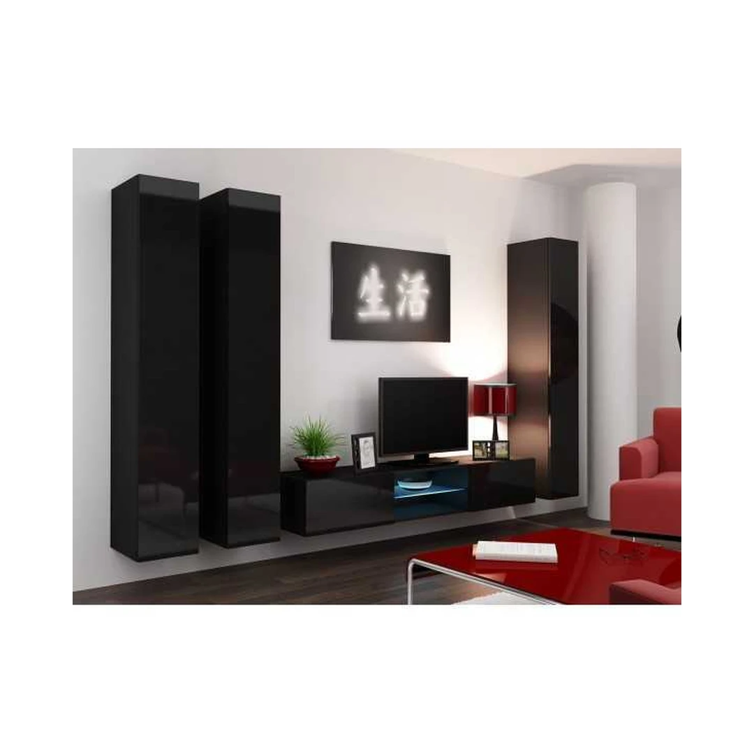 Moderni juoda vitrina su LED apšvietimu ir TV spintele