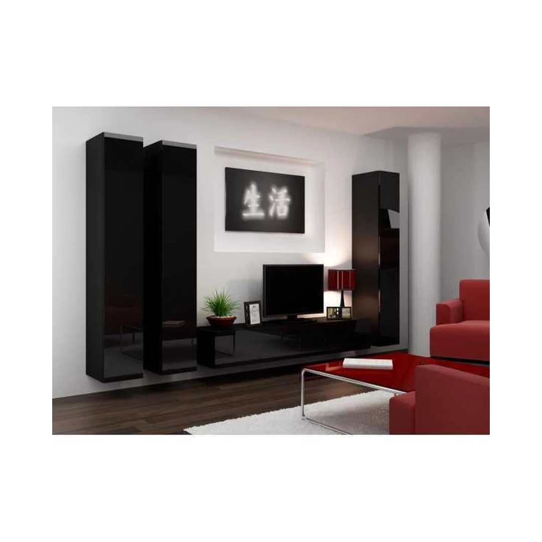 Moderni juoda TV spintelė su vitrinomis