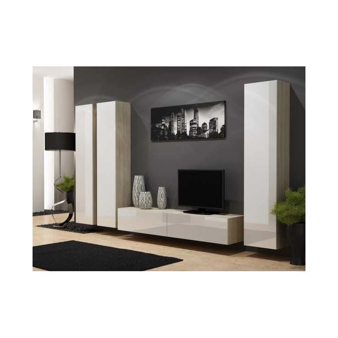 Moderni TV spintelė su vitrinomis ąžuolo ir baltu blizgiu dizainu