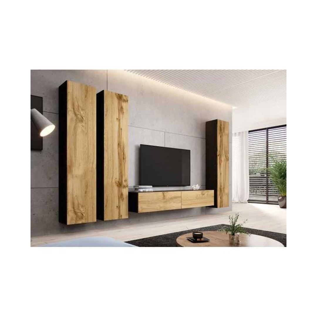 Moderni juoda TV spintelė su vitrinomis VIGO