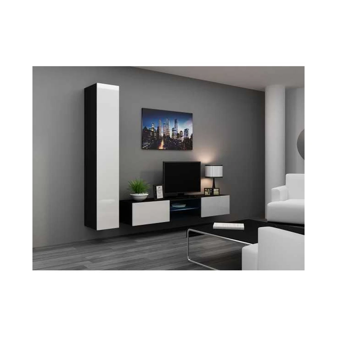 Šiuolaikiška juoda ir balta TV spinta su LED apšvietimu