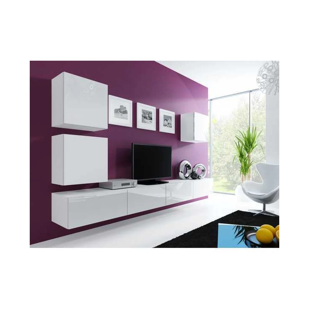 Moderni TV spinta su vitrinomis, baltas blizgus dizainas