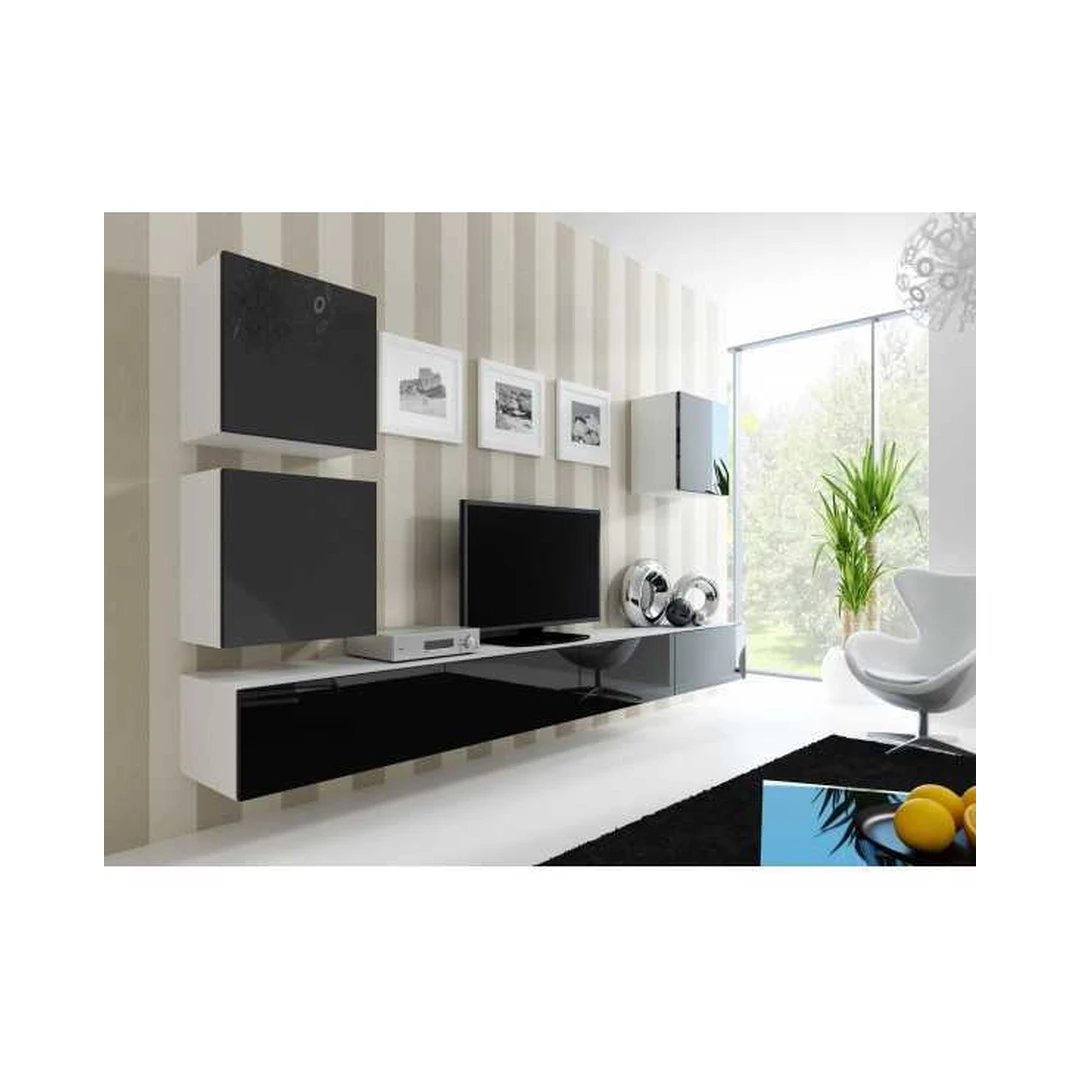 Moderni juoda ir balta TV spinta su vitrinomis