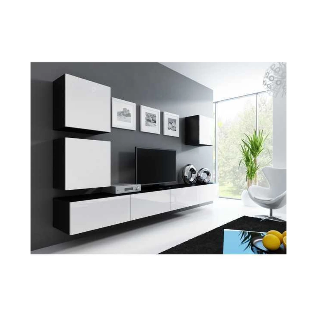 Moderni juoda ir balta TV spinta su vitrinomis