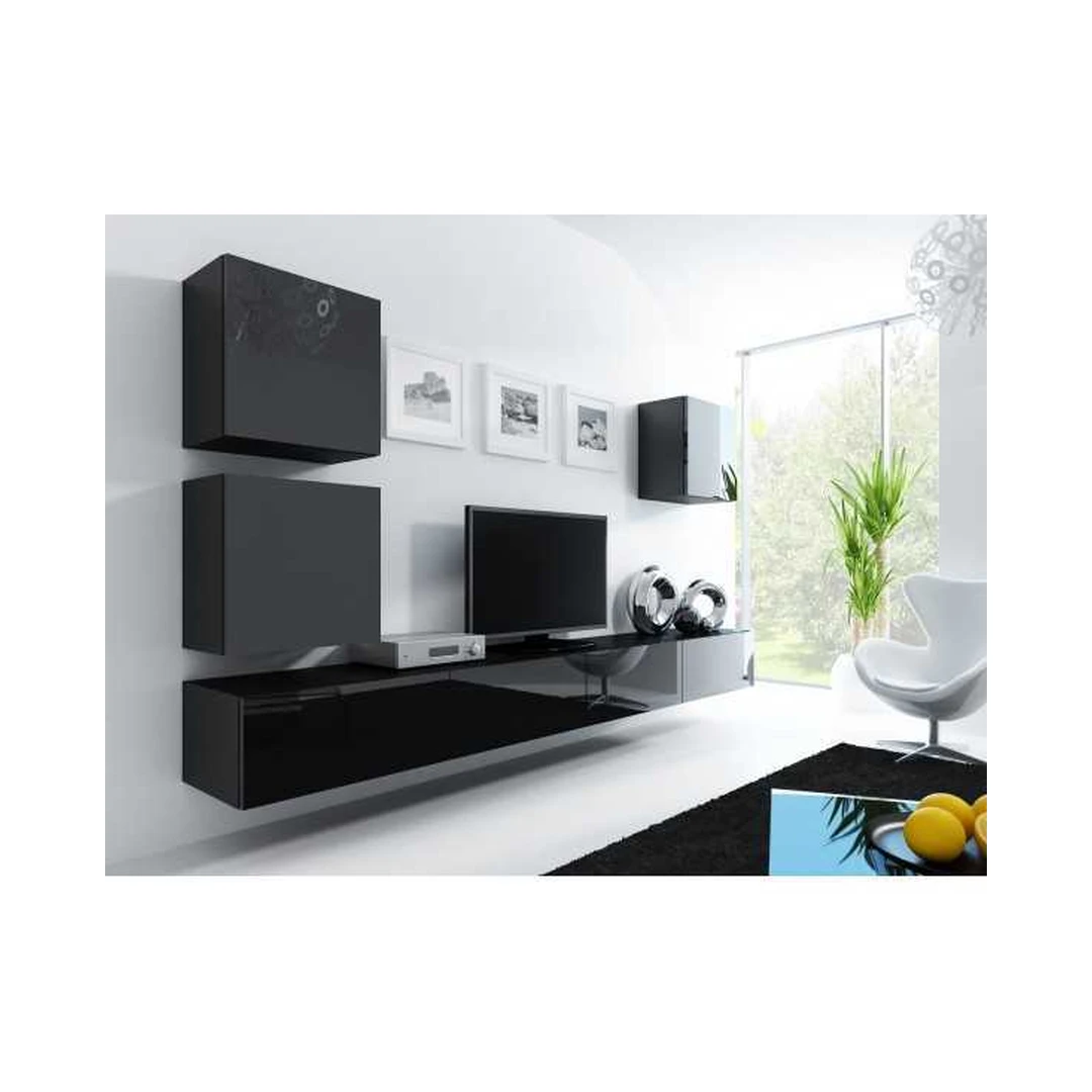 Moderni juoda TV spinta su vitrinomis