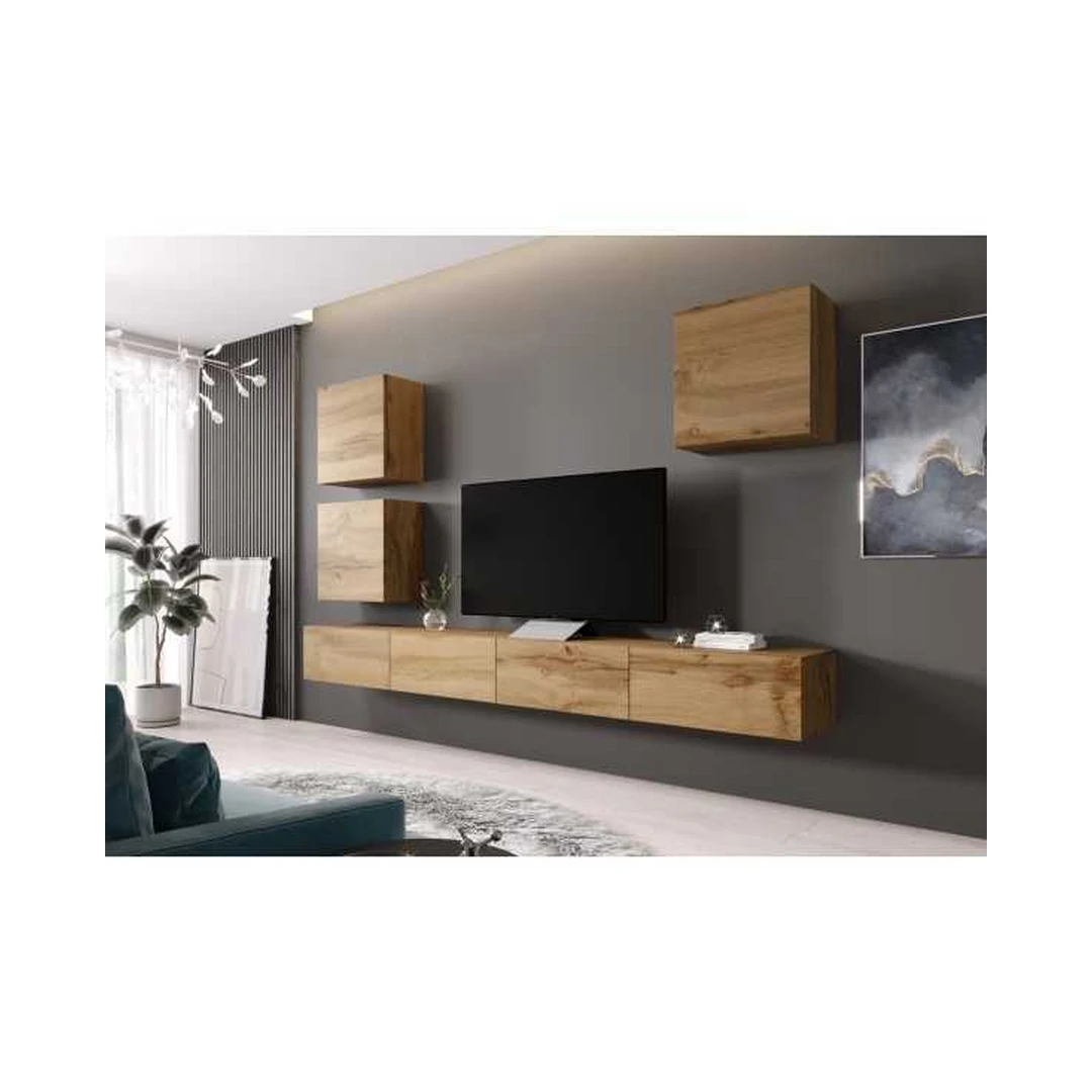 Moderni ąžuolinė TV spintelė su vitrinomis