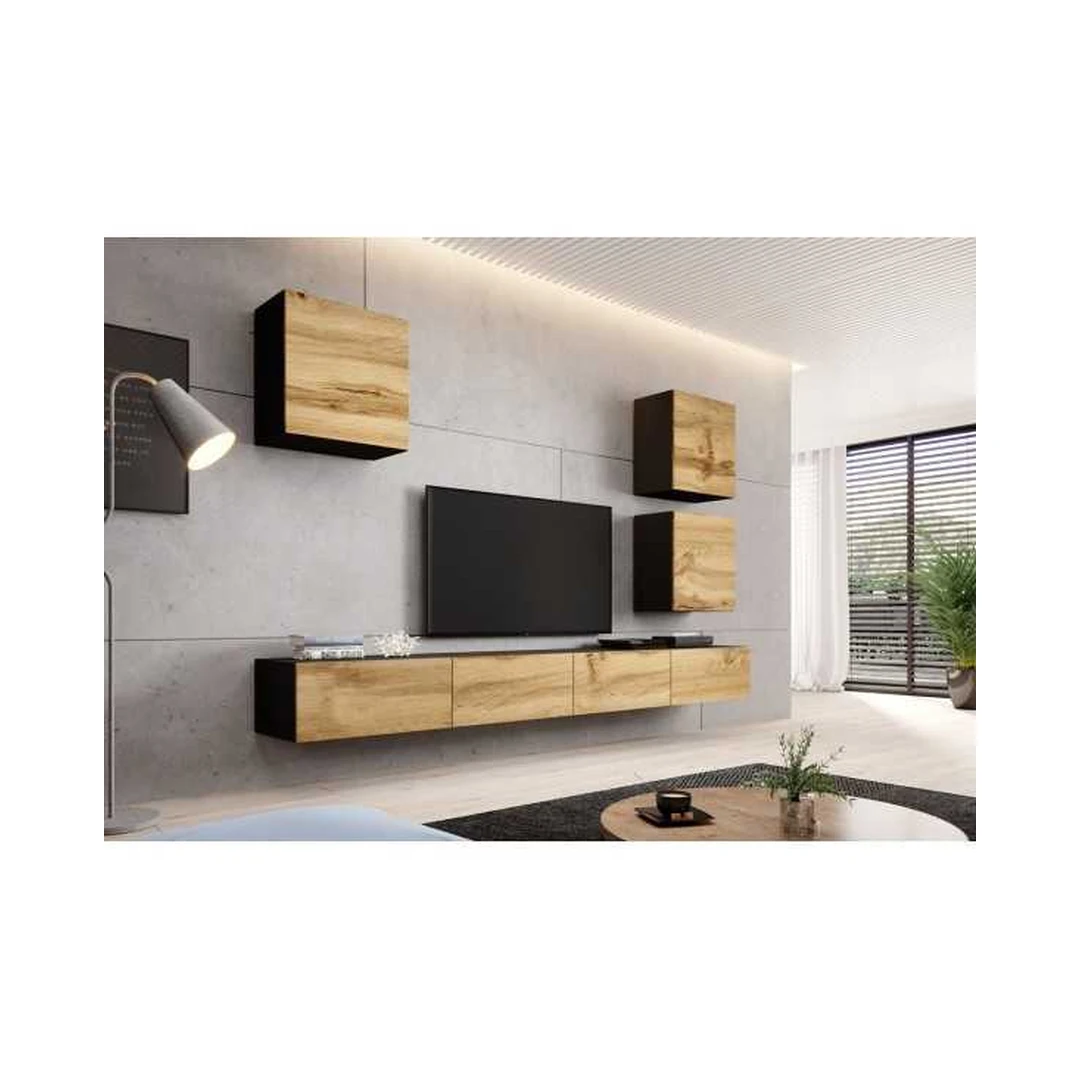 Moderni juoda matinė TV spintelė su vitrinomis