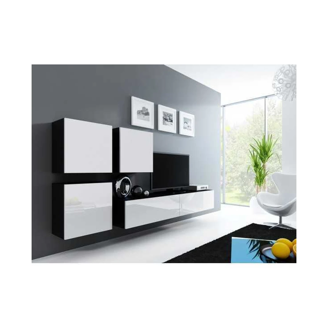 Moderni juoda ir balta TV spinta su komoda ir vitrinomis