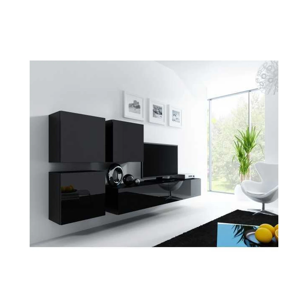 Moderni juoda TV spintelė su vitrinomis