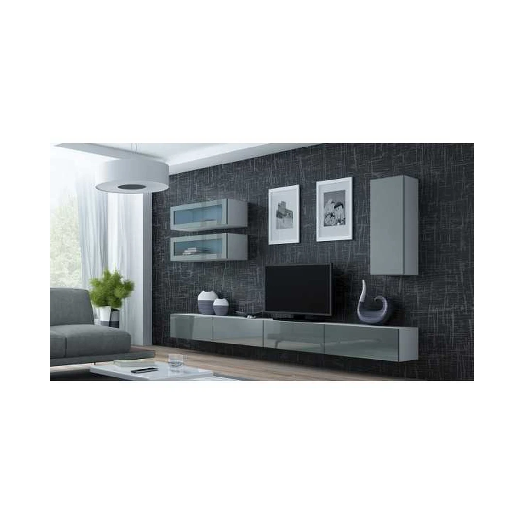 Moderni TV spintelė su LED apšvietimu ir stiklinėmis vitrinomis