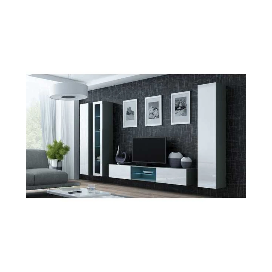 Šiuolaikinė TV spinta su LED apšvietimu ir stiklinėmis lentynomis