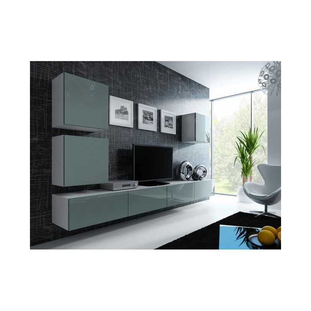 Moderni TV spintelė su vitrinomis, baltas ir pilkas