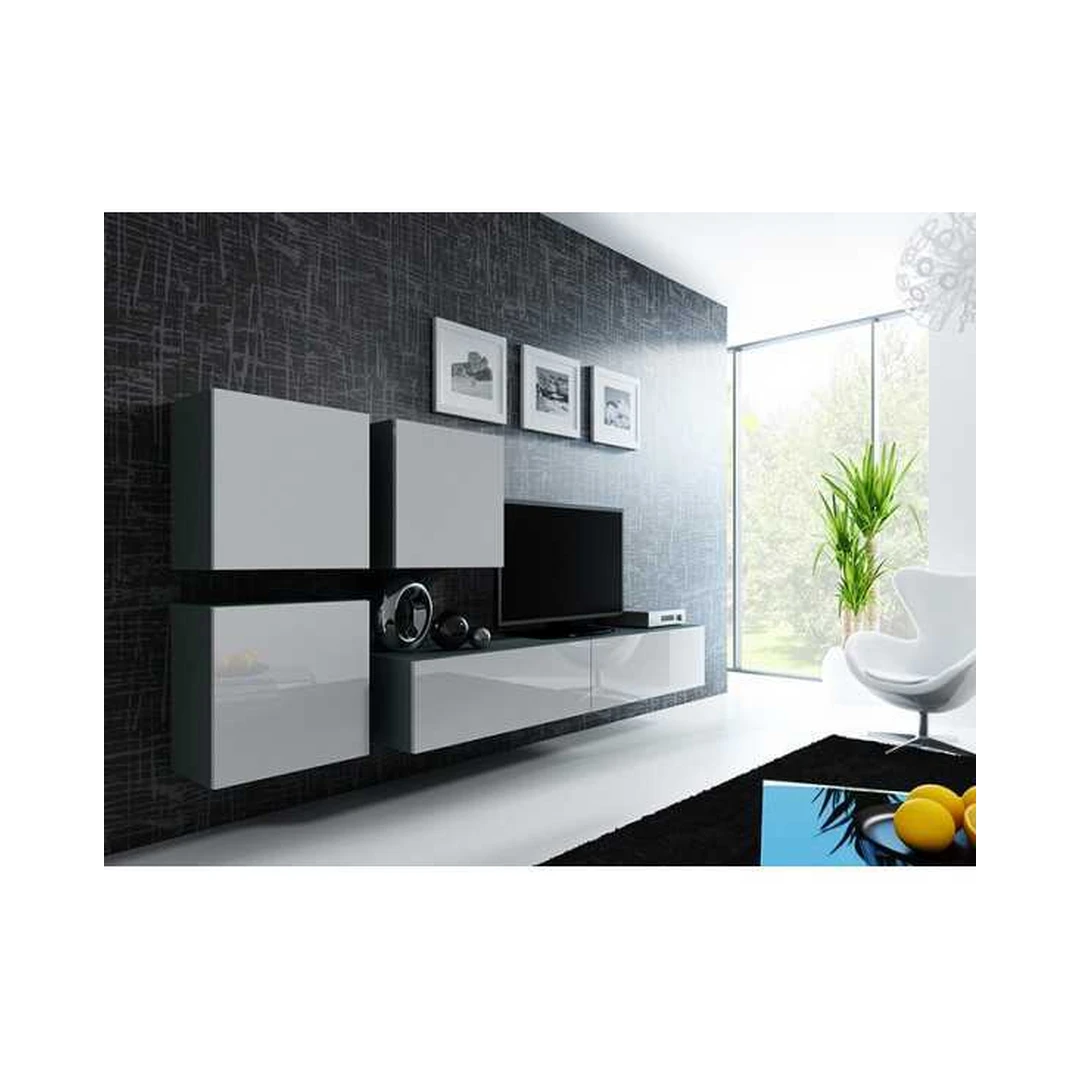 Moderni TV spintelė su vitrinomis, baltas blizgus fasadas