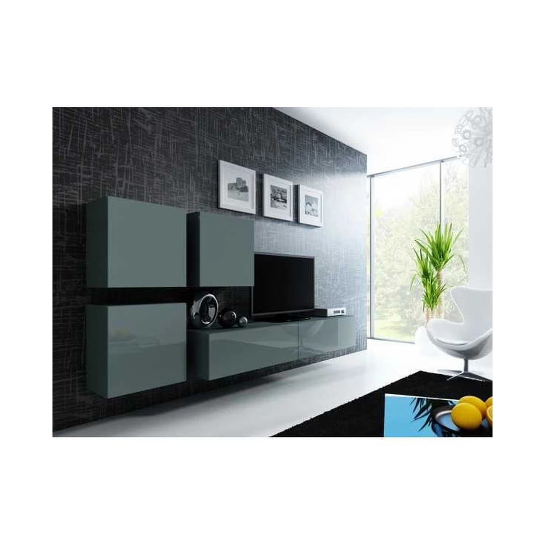 Moderni TV spintelė su vitrinomis, pilka blizgi