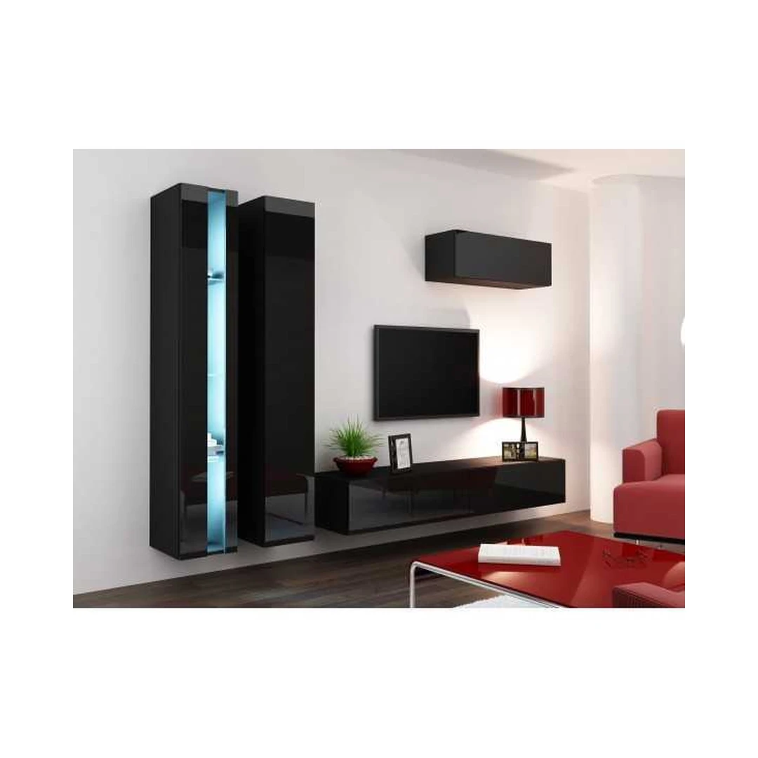 Moderni juoda TV spinta su vitrinomis ir LED apšvietimu