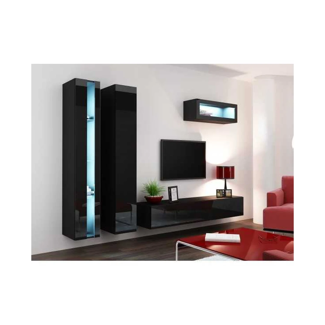 Moderni juoda TV spintelė su LED apšvietimu ir stiklinėmis lentynomis