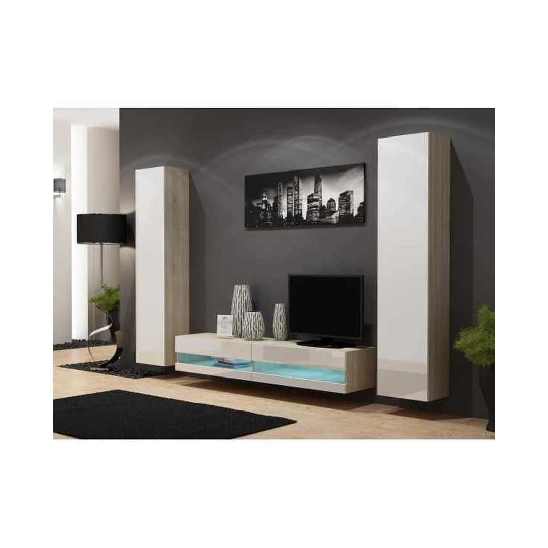 Moderni TV spintelė su LED apšvietimu ir 2 vitrinomis