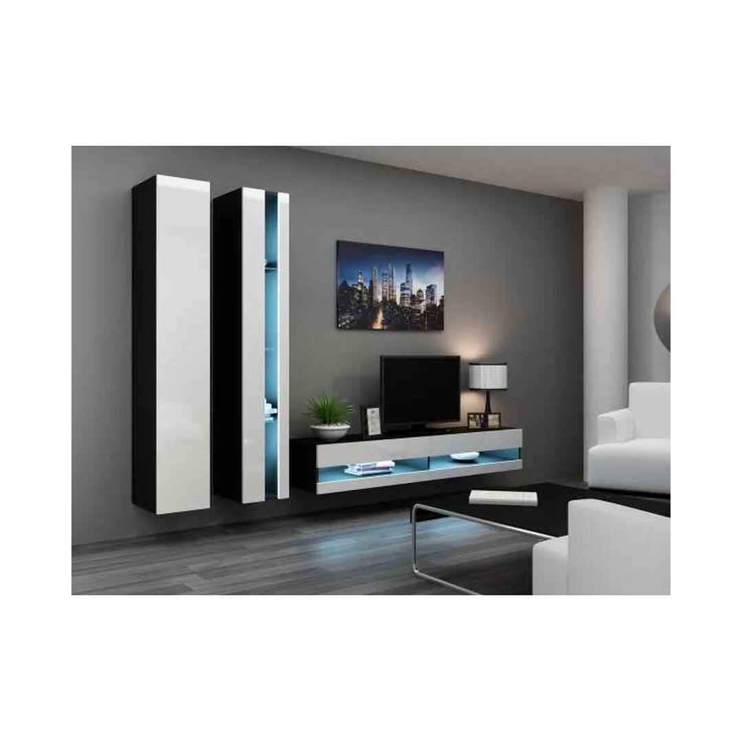 Moderni juoda ir balta TV spintelė su vitrinomis ir LED apšvietimu