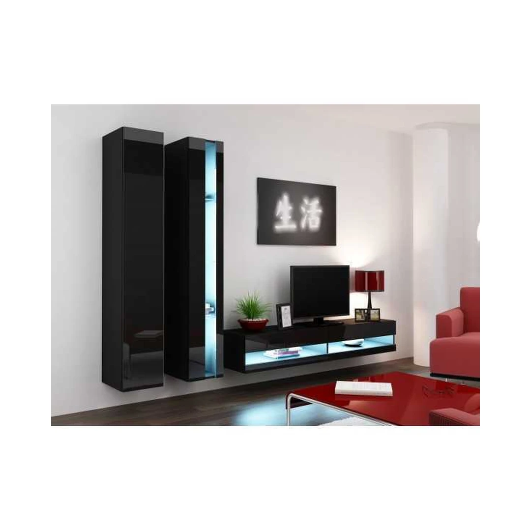 Moderni juoda TV spintelė su vitrinomis ir LED apšvietimu