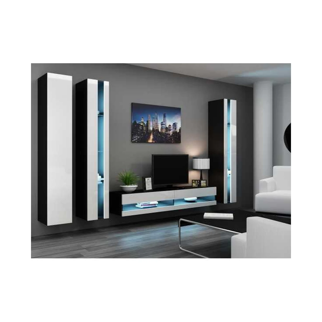 Moderni juoda ir balta TV spintelė su vitrinomis