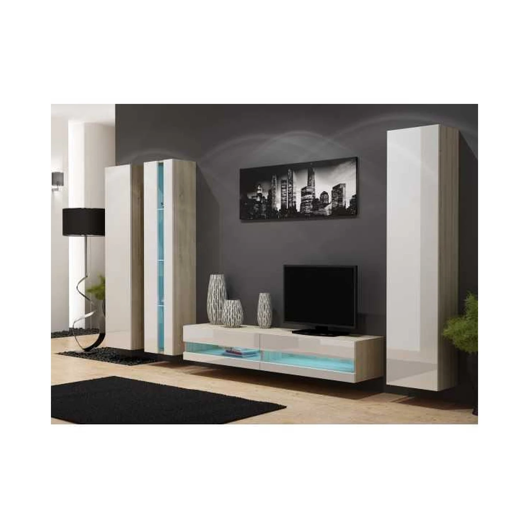 Moderni ąžuolo ir baltos TV spintelė su LED apšvietimu