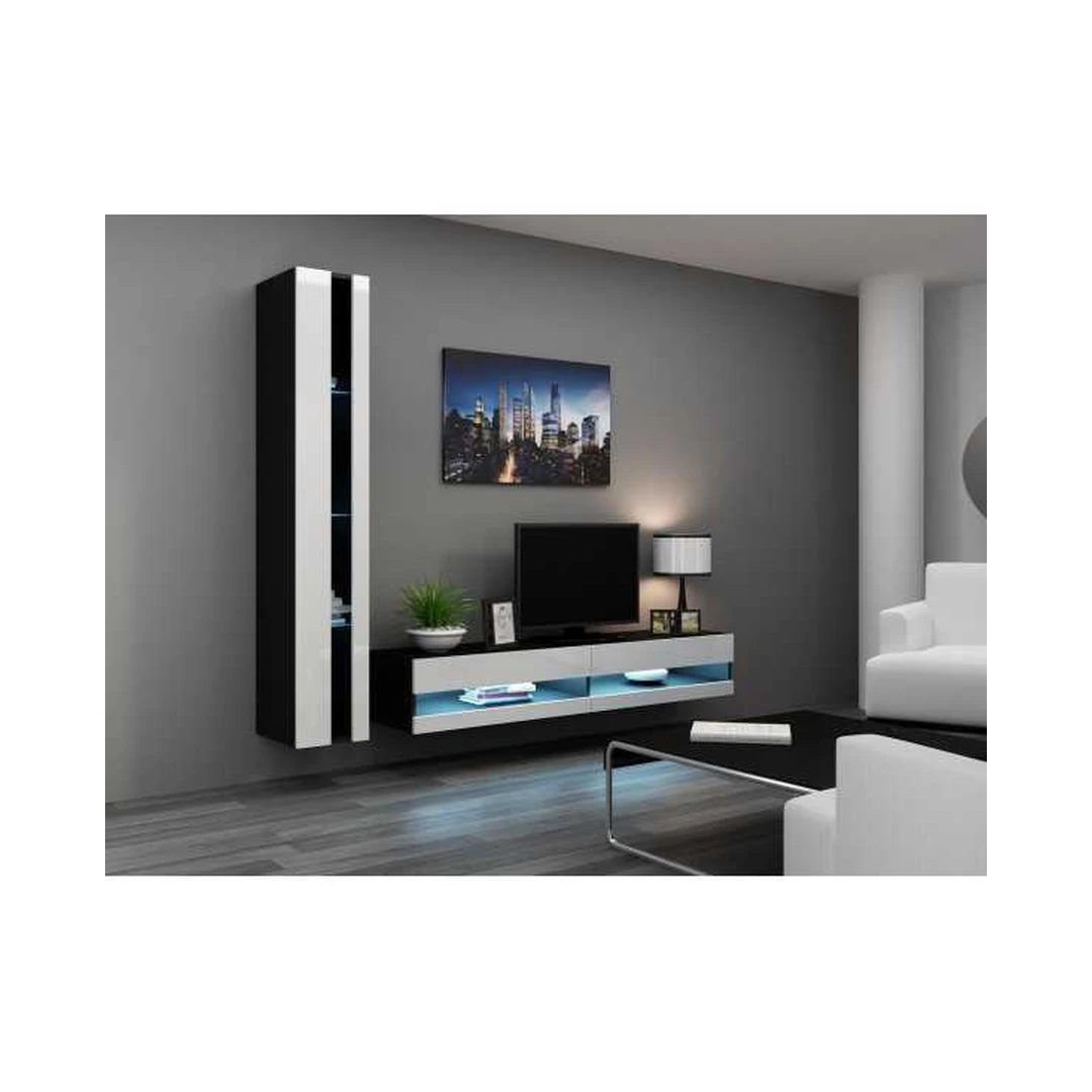 Moderni juoda ir balta TV spintelė su LED apšvietimu