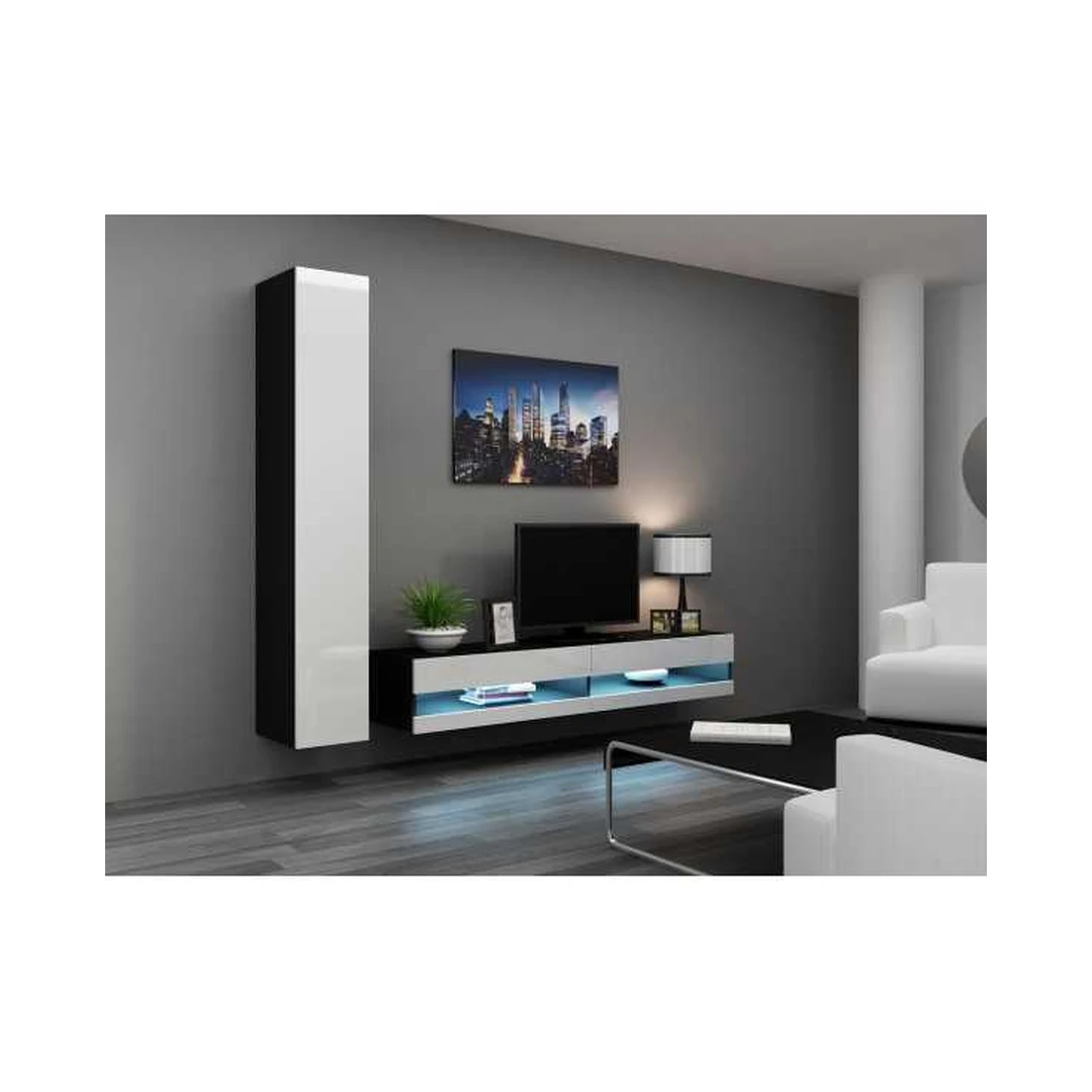 Moderni juoda ir balta TV spintelė su vitrina