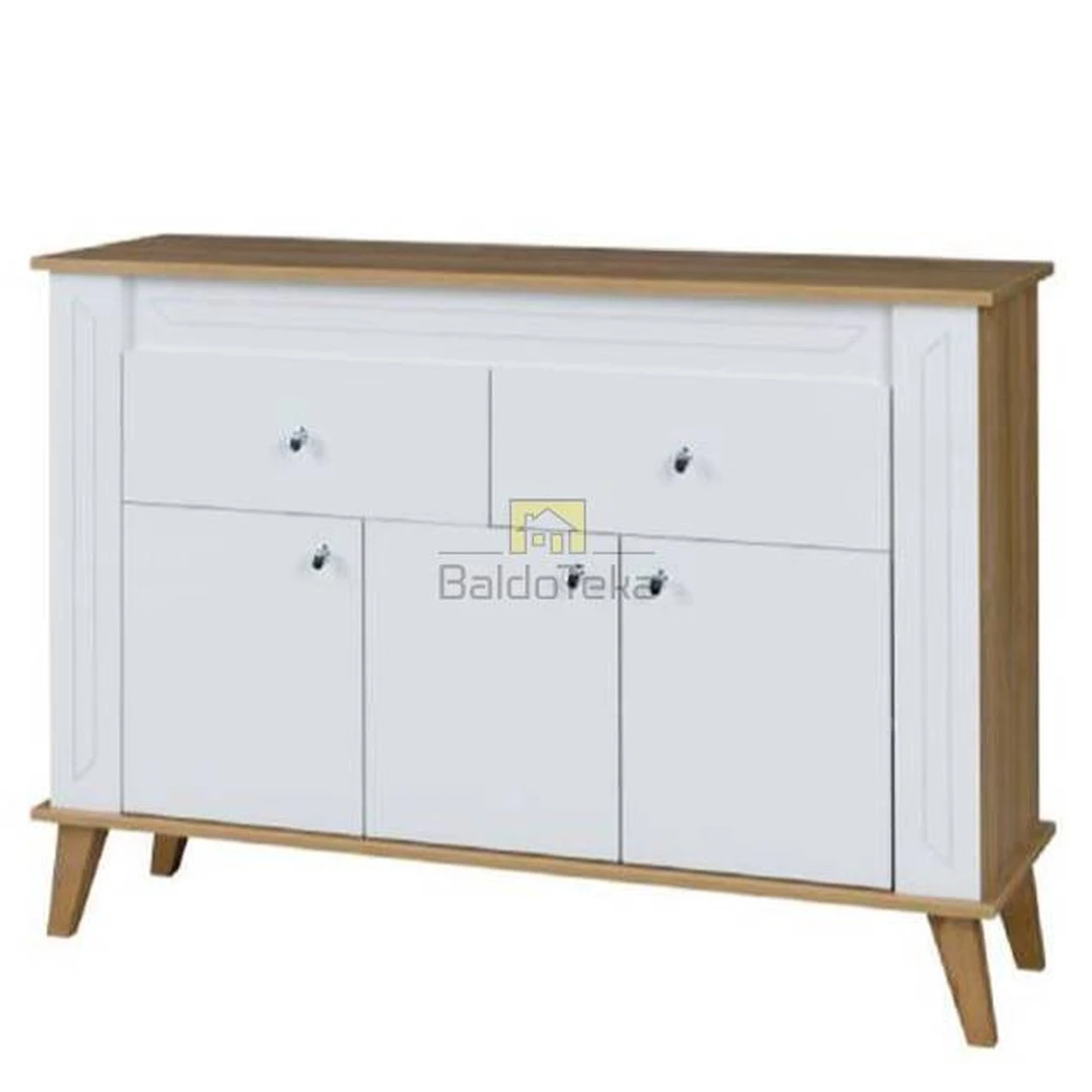 Šiuolaikiška spinta su akrilo fasadais ir natūraliomis kojelėmis