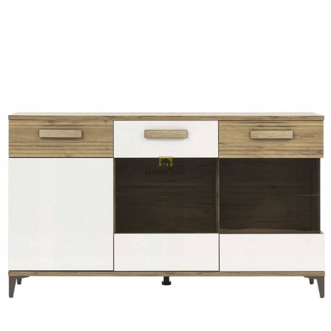 Elegantiškas spintos kompleksas auksinio ąžuolo ir baltos blizgios spalvos