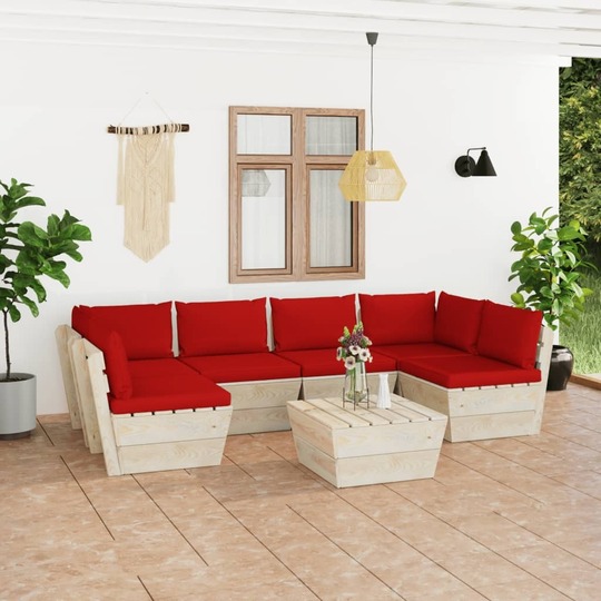 Sodo baldų komplektas iš palečių su pagalvėlėmis (7 d., raudonos sp.) - Lauko baldų komplektai