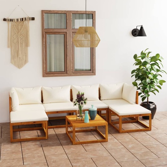 Sodo baldų komplektas su pagalvėmis, kreminis, 7 dalių, akacija - Lauko baldų komplektai