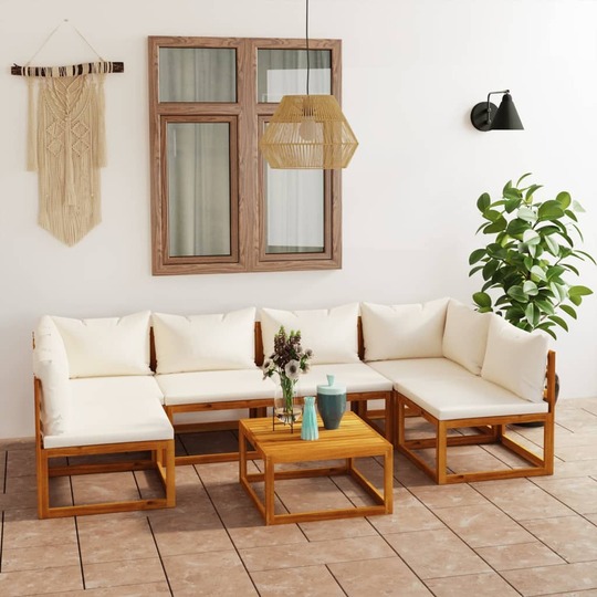 Sodo baldų komplektas su pagalvėmis, kreminis, akacija, 7 dalių - Lauko baldų komplektai