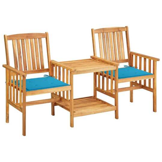 Sodo kėdės su arbatos staliuku ir pagalvėlėmis, akacija, melsva - Lauko baldų komplektai