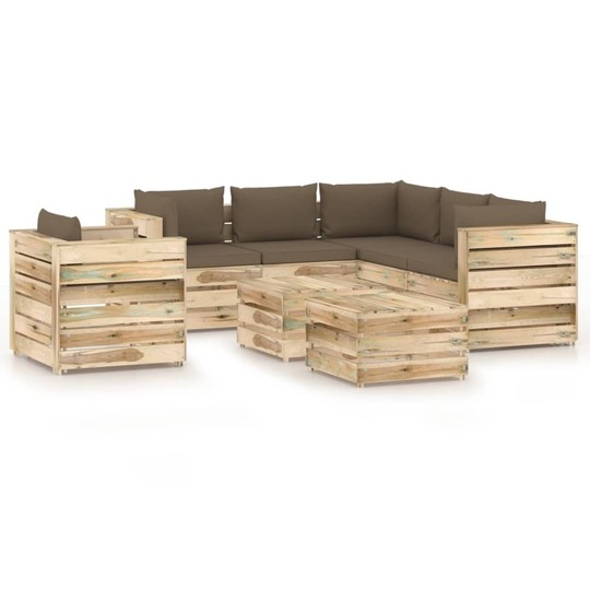 Sodo kompl. su pagalvėlėmis, 8 dalių, impregnuota mediena - Lauko baldų komplektai