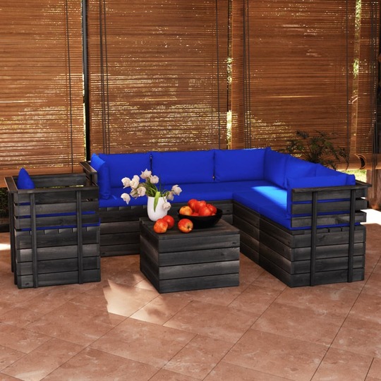 Sodo komplektas iš palečių su pagalvėlėmis, ryškiai mėlynos, 7 dalių, pušis - Lauko baldų komplektai