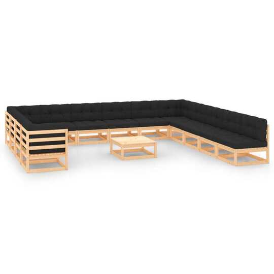 Sodo komplektas su pagalvėlėmis, 14 dalių, pušies mediena - Lauko baldų komplektai