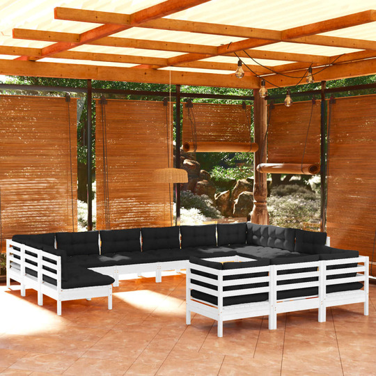 Sodo komplektas su pagalvėmis, 13 dalių, baltas, pušies mediena - Lauko baldų komplektai