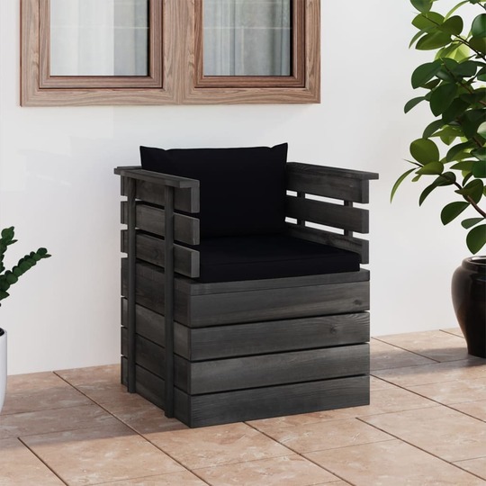 Sodo krėslas su pagalvėlėmis , pušies mediena, juoda - Foteliai, sofos
