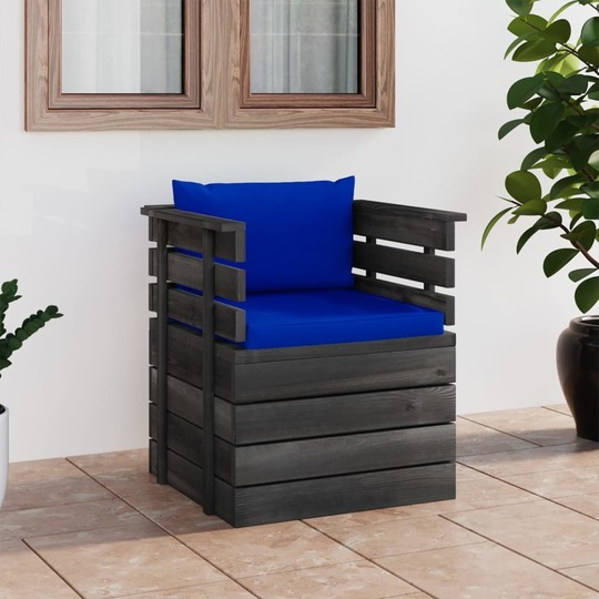Sodo krėslas su pagalvėlėmis , pušies mediena, mėlyna - Foteliai, sofos