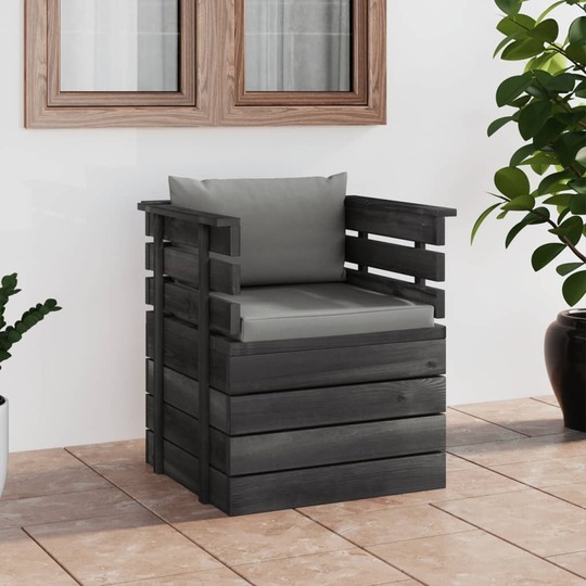 Sodo krėslas su pagalvėlėmis , pušies mediena, pilka - Foteliai, sofos