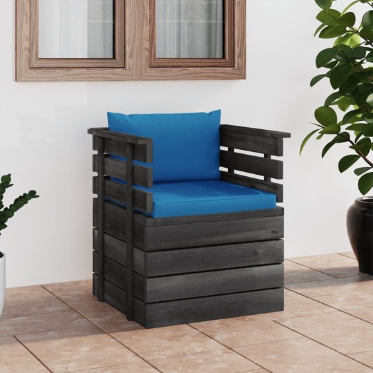 Sodo krėslas su pagalvėlėmis , pušies mediena, šviesiai mėlyna - Foteliai, sofos