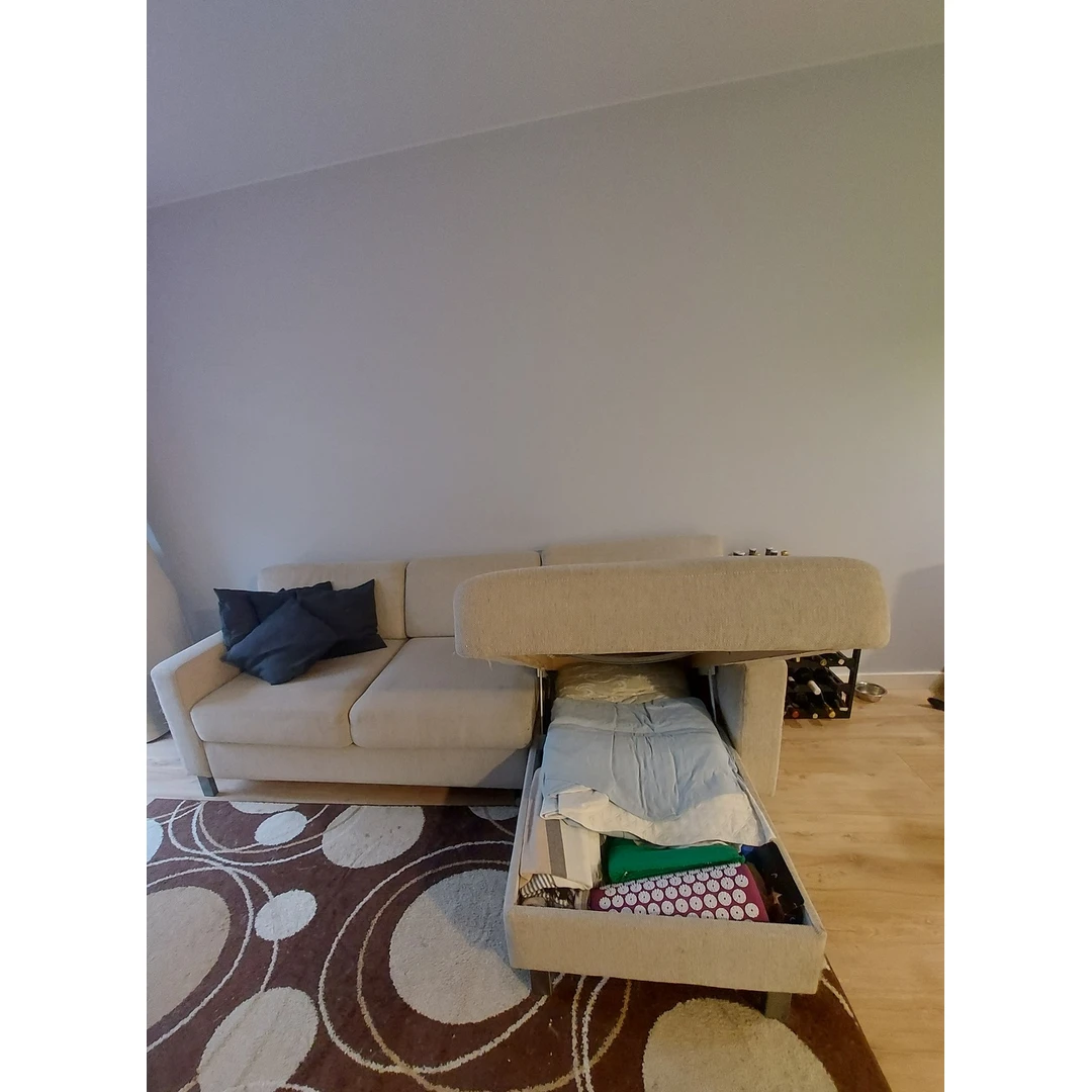 Sofa su katino įbrėžimais ir dėme, tinka miegoti