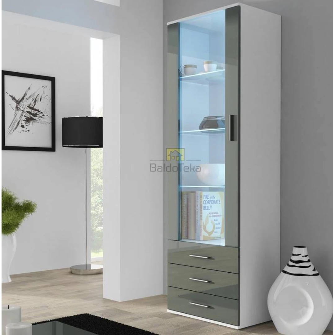 Šiuolaikiška baltos ir pilkos spalvos spinta su apšvietimu