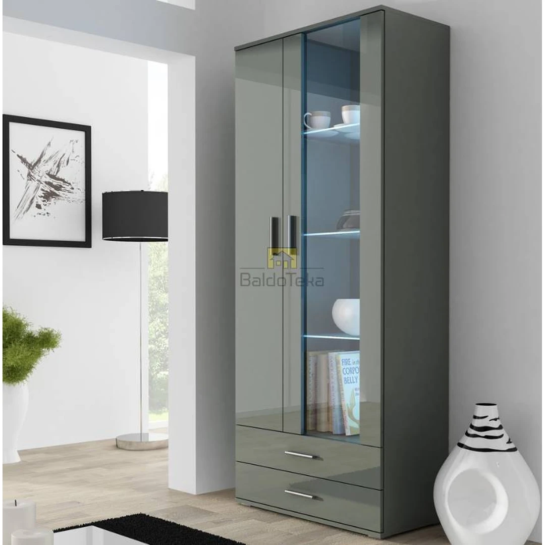 Pilkų blizgių fasadų spintos su matiniu korpusu