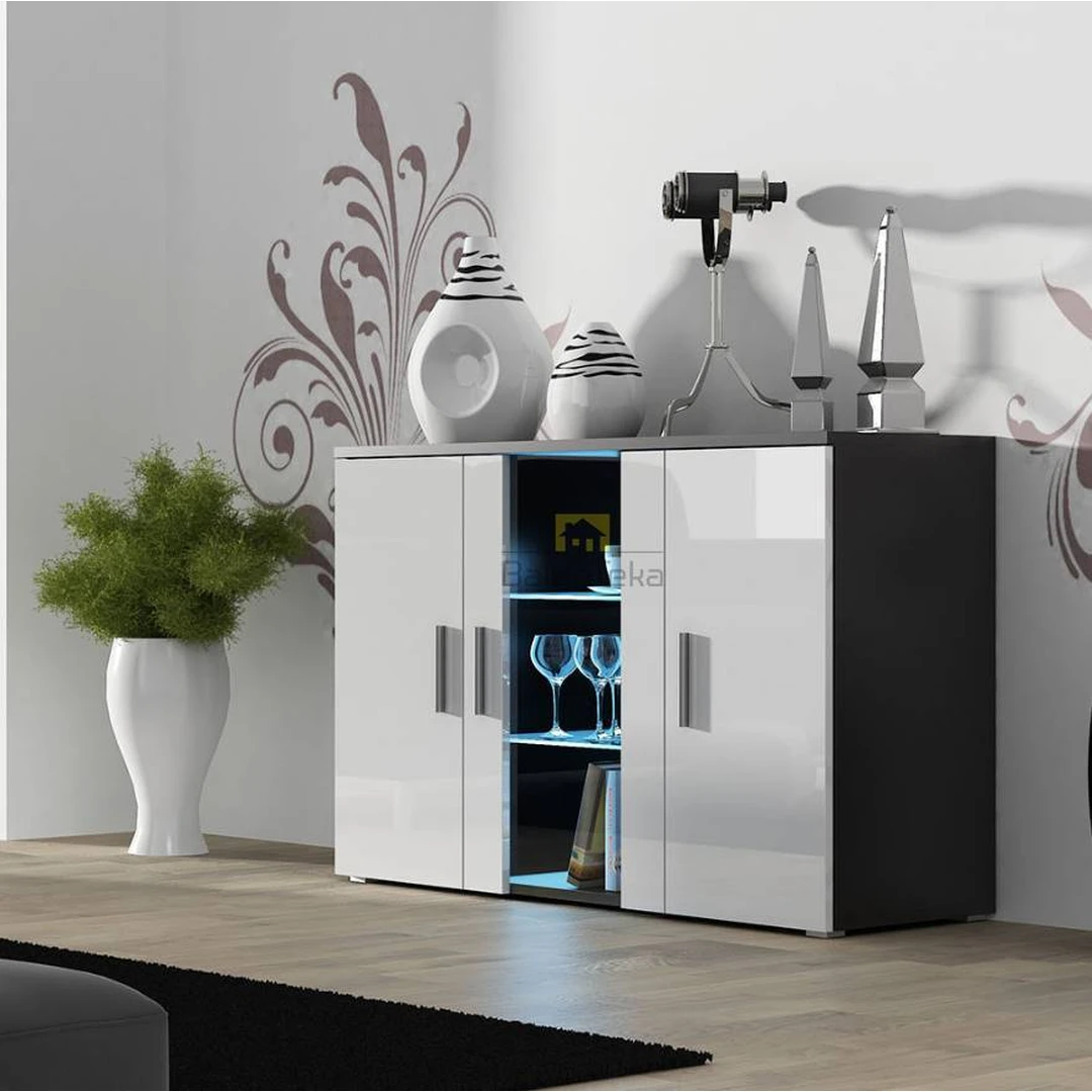 Stilingas juodas matinis spintos korpusas su baltu blizgiu fasadu