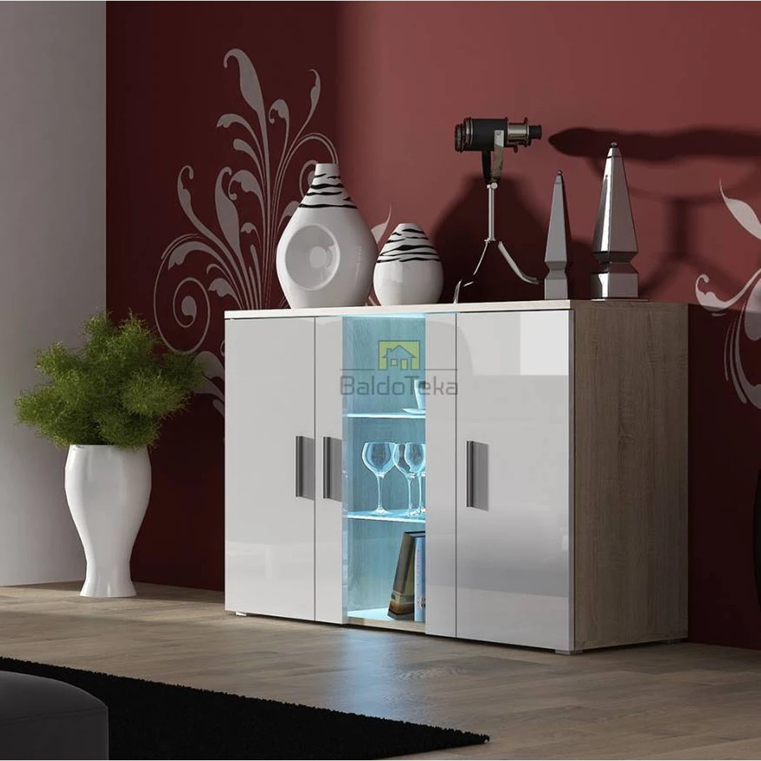 Šviesaus ąžuolo sonoma spintelė su baltu blizgiu fasadu