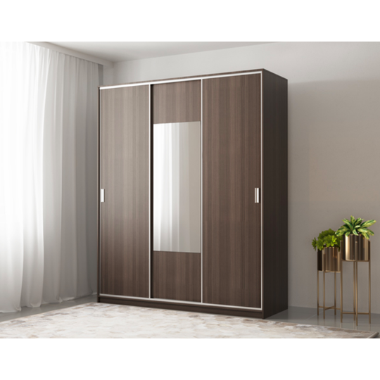 Didelė trijų durų spinta su veidrodžiu ir stumdomu mechanizmu