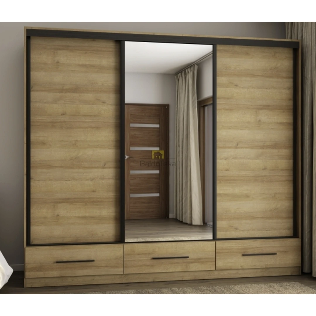 Erdvi ąžuolo spalvos spinta su juoda matine apdaila