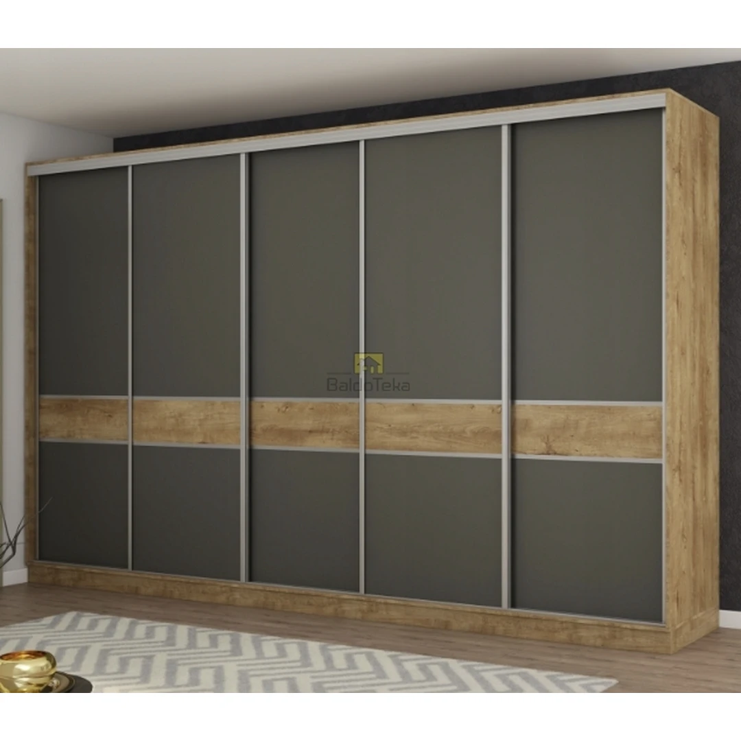 Erdvus ąžuolo spalvos spintos su grafitiniais rėmeliais