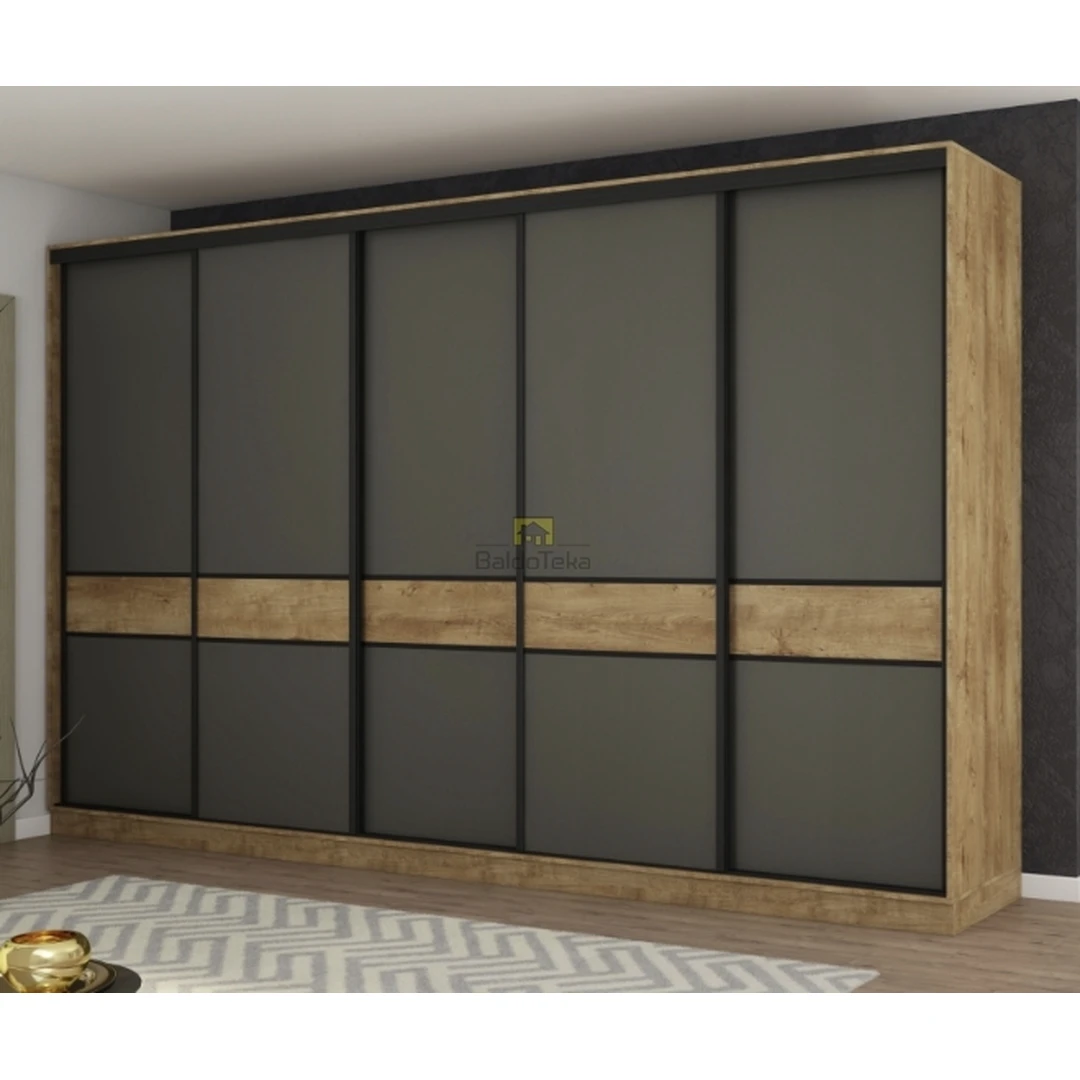 Erdvus ąžuolo Lefkas spintos su grafito ir juodais rėmeliais